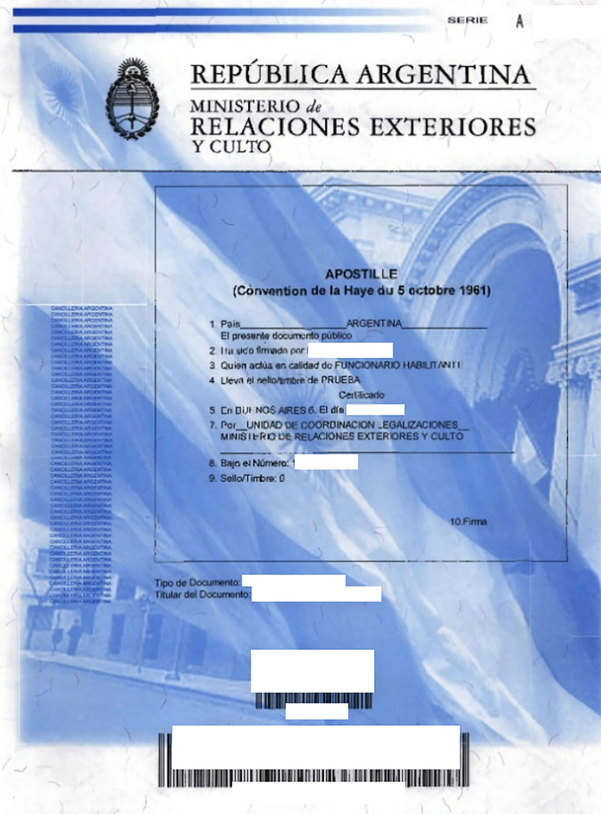 Apostille Argentinien Ministerio de Relaciones Exteriores Serie A