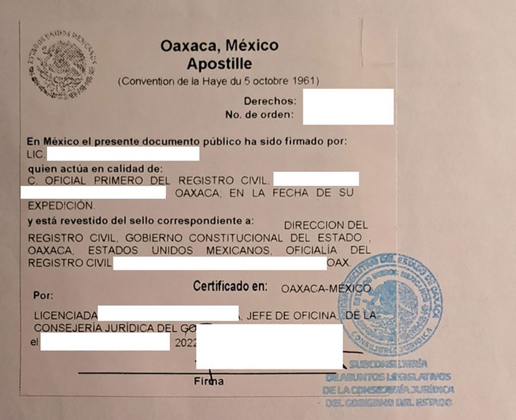 Acta De Nacimiento Mexiko Oaxaca Tabellarisch Apostil 4539