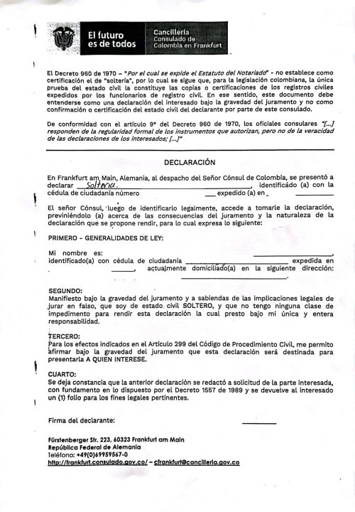 Declaración de Soltería Konsulat Frankfurt Kolumbien