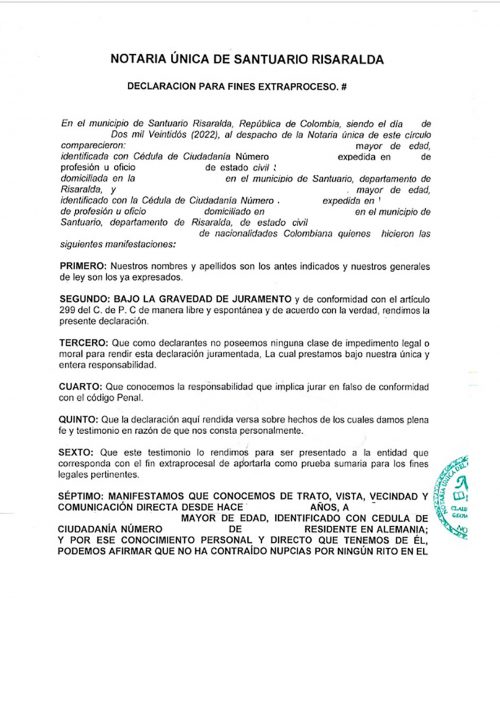 Declaración para fines extraprocesos Kolumbien Notaría Única de Santuario Risaralda