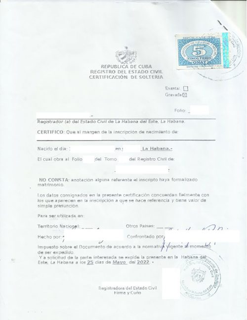 Certificación de soltería Kuba Havanna mit Legalisation