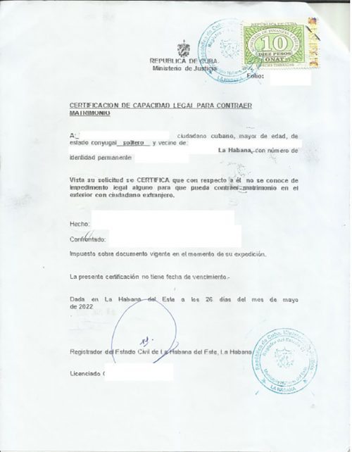Certificado de capacidad legal para contraer matrimonio