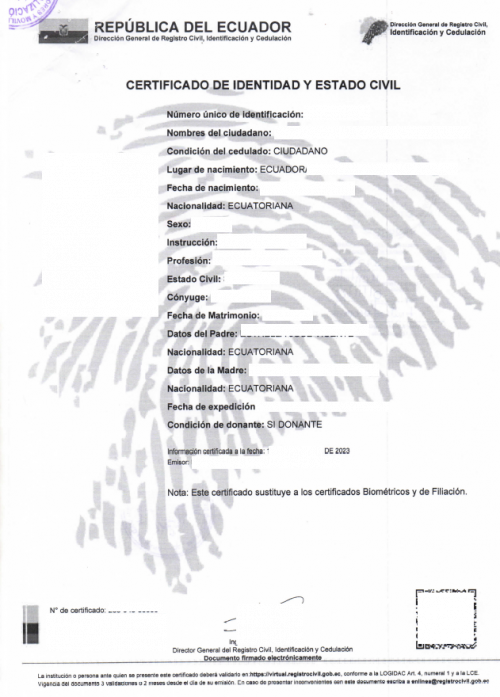 Certificado de identidad y estado civil mit Apostille