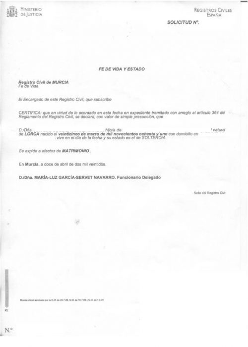 Fe de vida y estado Spanien Barcelona mit Apostille