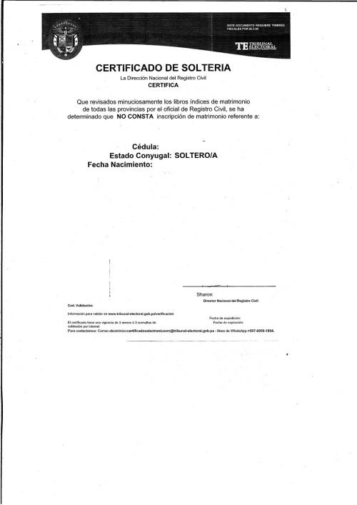 Certificado de Soltería Panama Tribunal Electoral digital