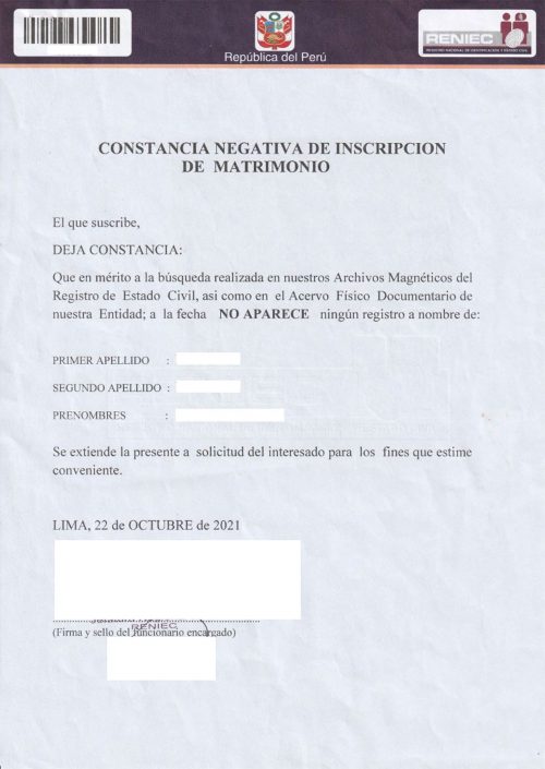 Constancia negativa de inscripcion de matrimonio Peru mit Apostille 1