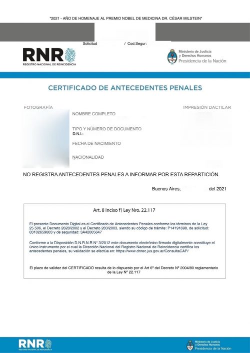 Certificado de antecedentes penales Argentinien RNR 2021 digital