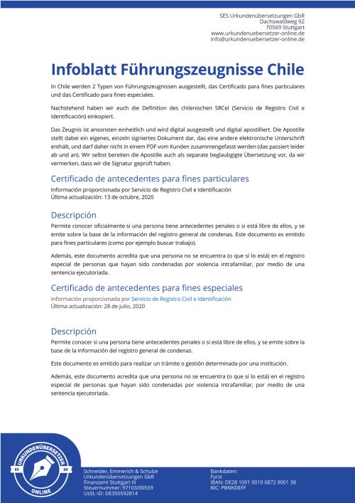 Infoblatt zu Vorlagen Führungszeugnisse Chile