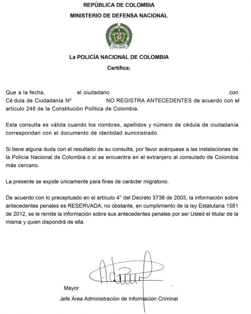 Certificado de antecedentes penales Kolumbien apostilliert