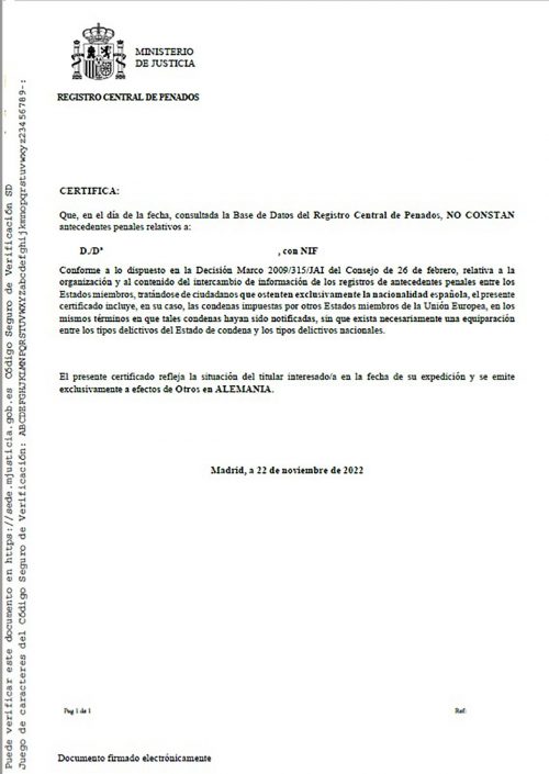 Führungszeugnis Spanien Registro Central de Penados nacionalidad española apostilliert
