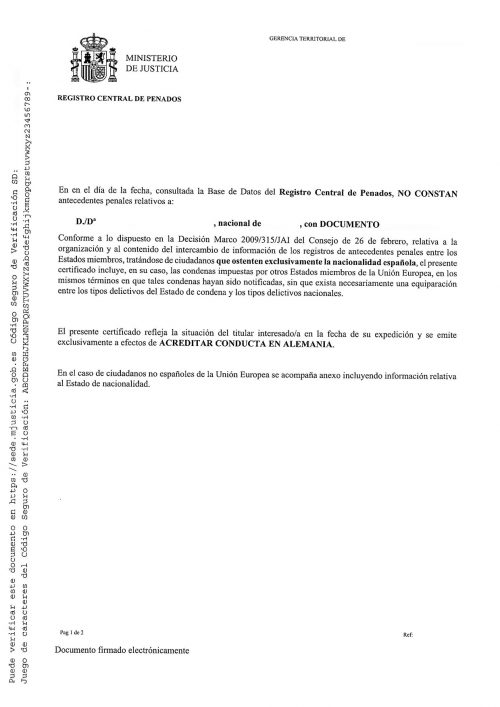 Führungszeugnis Spanien Registro Central de Penados keine spanische Staatsangehörigkeit apostilliert
