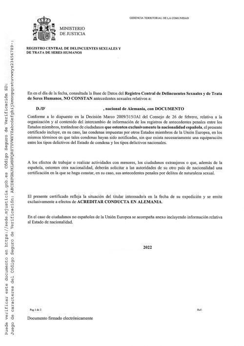 Führungszeugnis Spanien Registro Central de delincuentes sexuales
