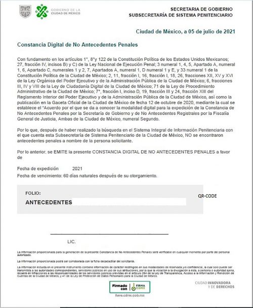 Constancia Digital de No Antecedentes Penales Ciudad de Mexico