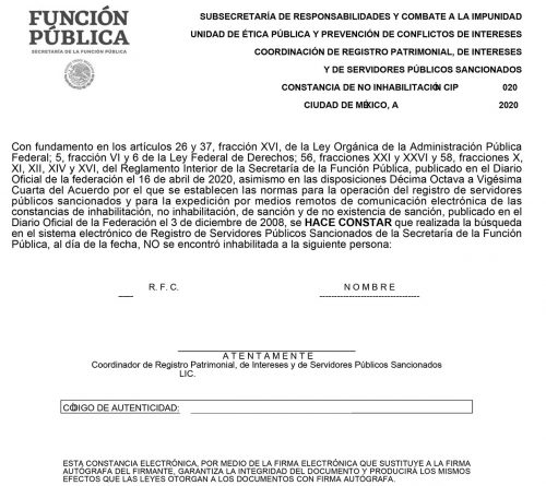 Constancia de no Inhabilitación Mexiko