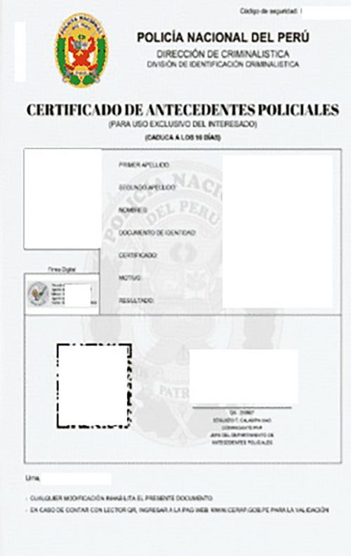 Certificado de Antecedentes Policiales Peru