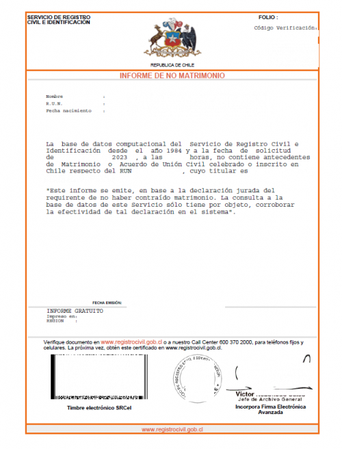 Informe de no matrimonio mit Apostille  Chile