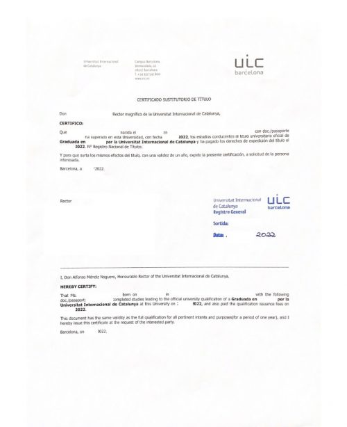 Certificado Sustitutorio de Titulo UIC Barcelona