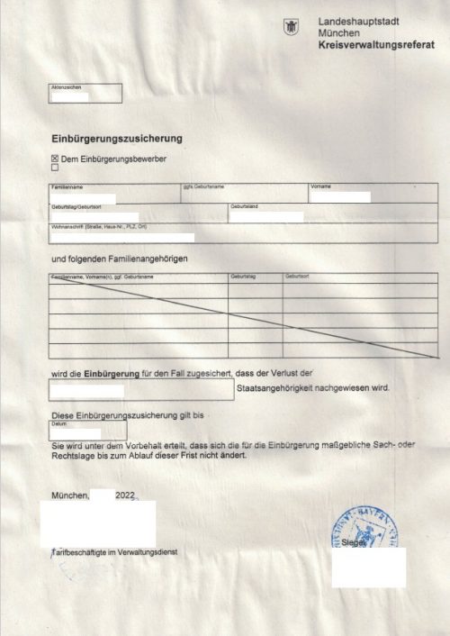 Einbu?rgerungszusicherung München DE > ES