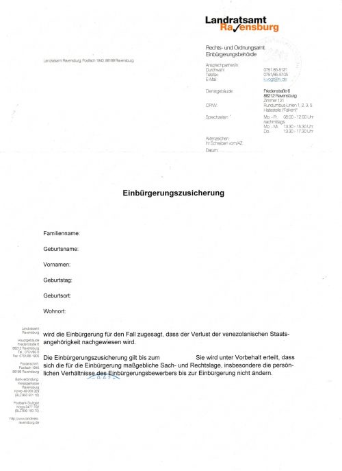 Einbu?rgerungszusicherung Ravensburg DE > ES