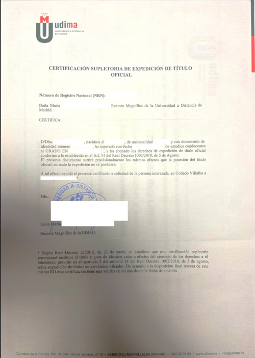 Certificación Supletoria de Expedición de Título Oficial UDIMA