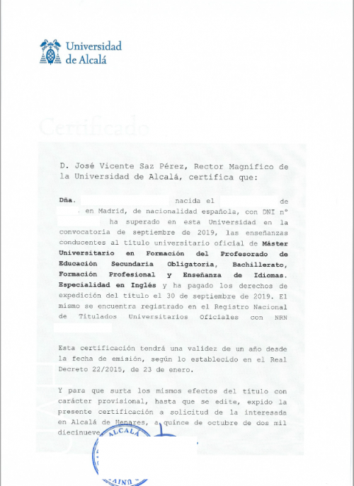 Certificado "pagado los derechos" Universidad de Alcalá