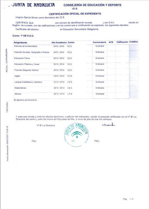 Certificacion oficial de expediente ESO Junta de Andalucia
