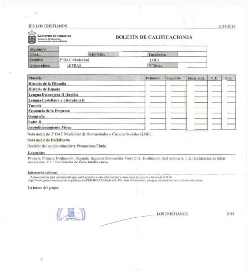 Boletin de Calificaciones 2° de Bachillerato LOE Canarias