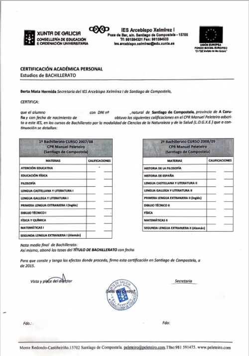 Certificado Académico Bachillerato Xunta de Galicia