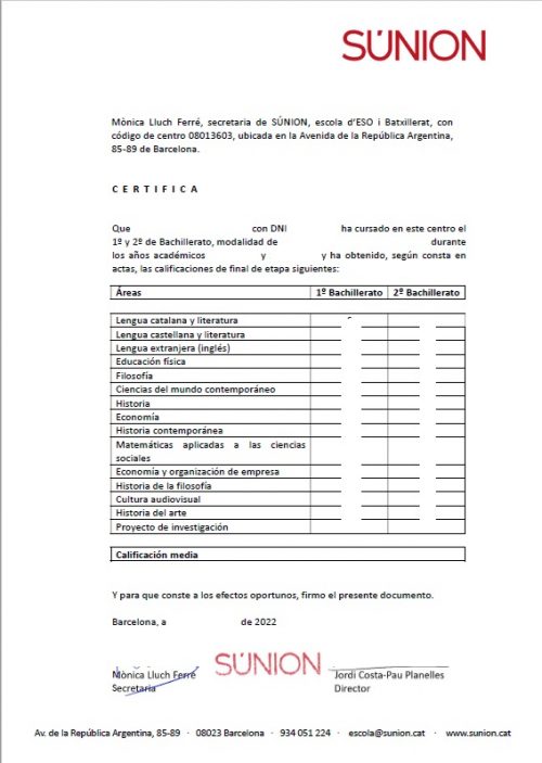 Certificado de Notas Bachillerato Súnion escola d`ESO i Batxillerat Barcelona