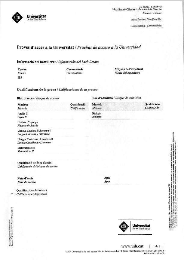 Pruebas de acceso a la Universidad Universitat de les Illes Balears