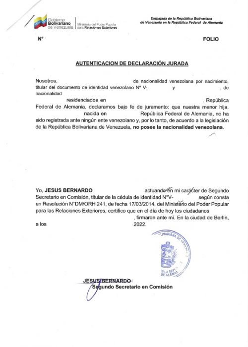 Auténtica de declaración jurada Embajada de Venezuela Berlin