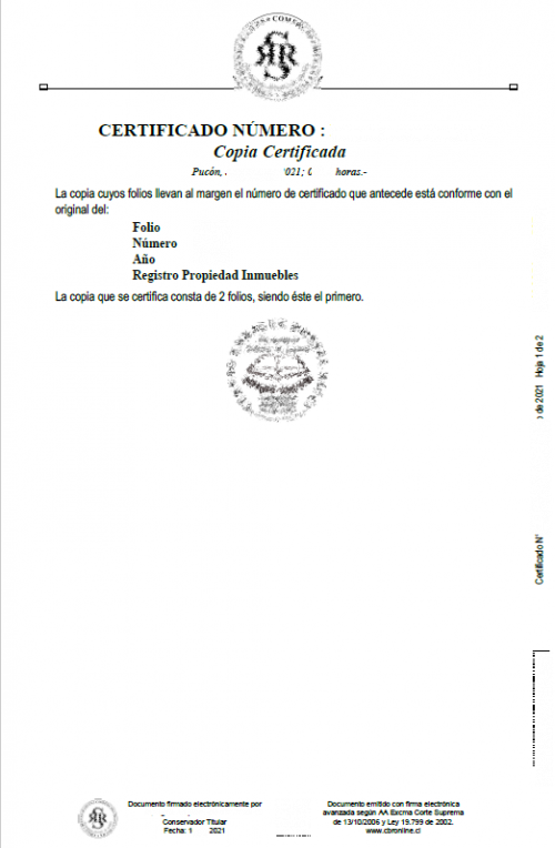 Certificado Registo de la Propiedad Inmuebles Chile
