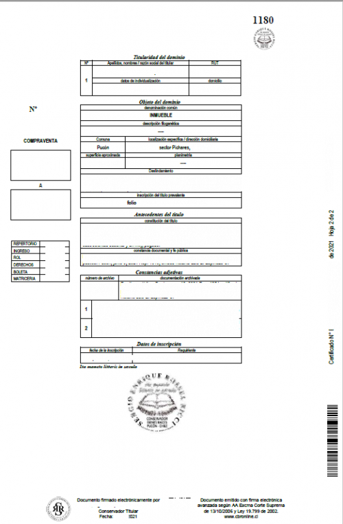 Certificado Registo de la Propiedad Inmuebles Chile