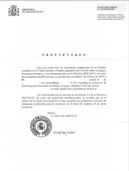 Certificado de Homologación Directiva 2005/36/CE Spanien