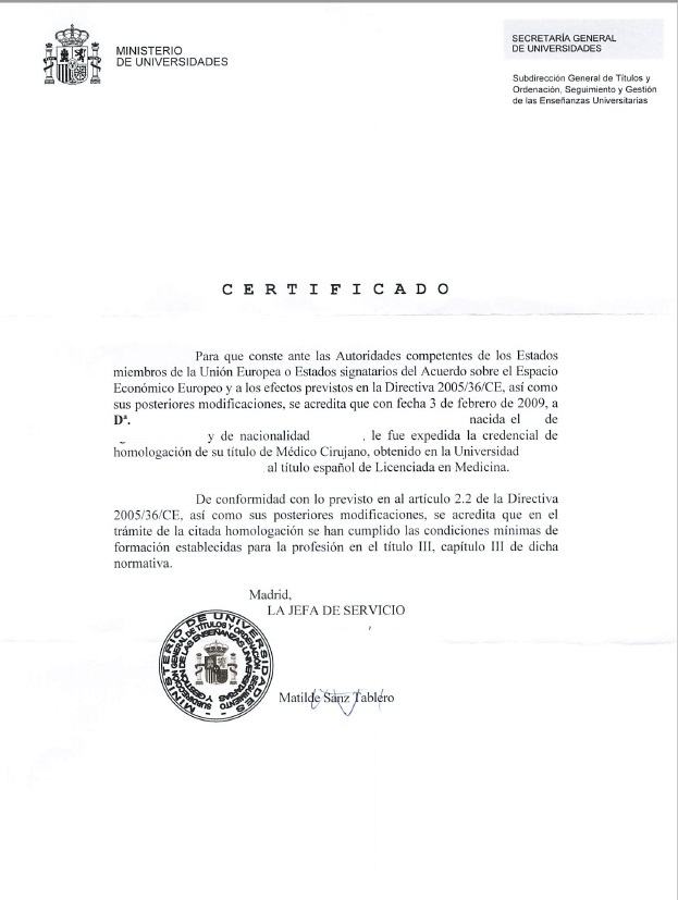 Certificado de Homologación Directiva 2005/36/CE Spanien ...