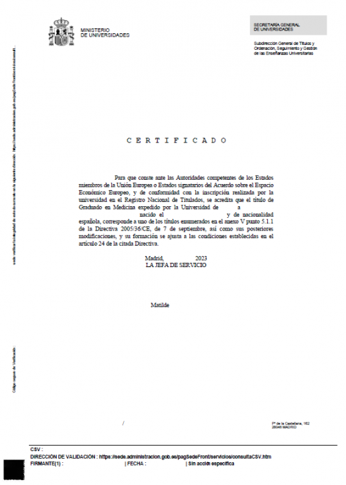 Certificado de Homologación Directiva 2005/36/CE digital signiert Spanien