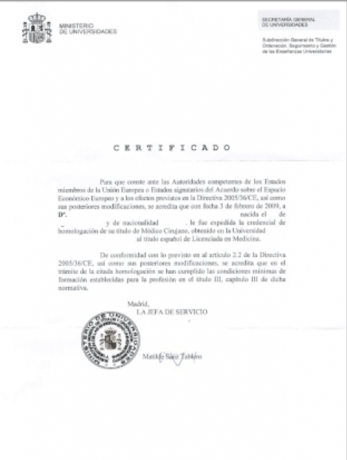 Certificado de Homologación Directiva 2005/36/CE Medicina Veterinaria