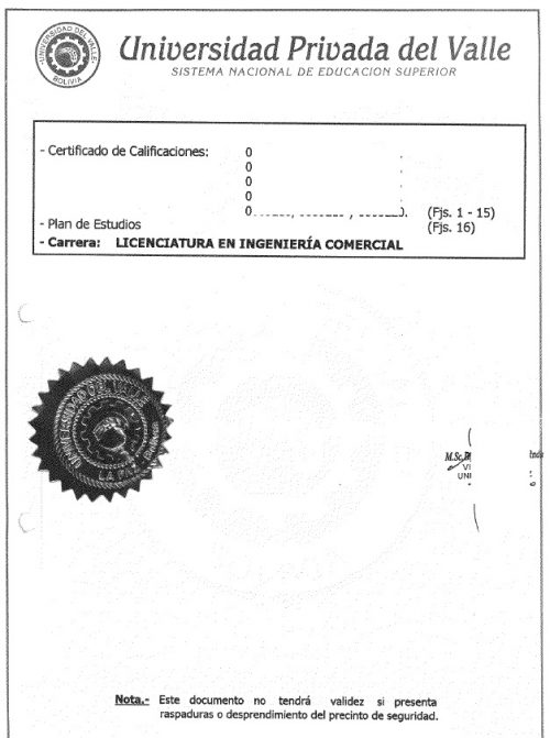Certificado de cualificaciones Universidad Privada Del Valle Bolivien