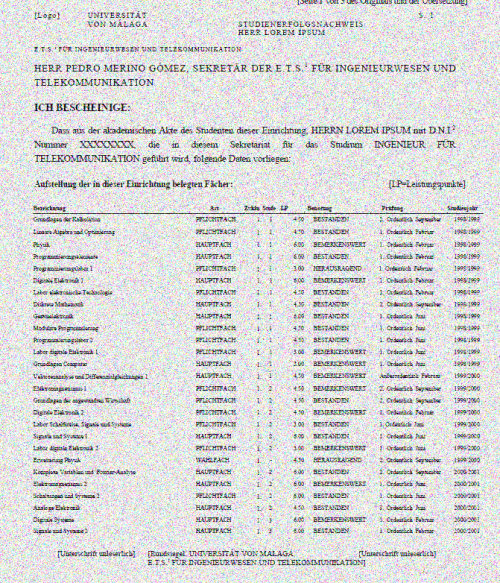 Certificación Académica Universidad de Málaga Ingeniero de Telecomunicaciones