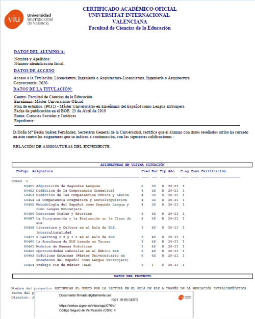 Certificado Académico Oficial Máster Universitario en Enseñanza del Español como Lengua Extranjera Universidad Internacional Valenciana