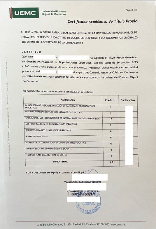 Certificado Académico de Título Propio Máster en Gestión Internacional de Organizaciones Deportivas Universidad Europea Miguel de Cervantes