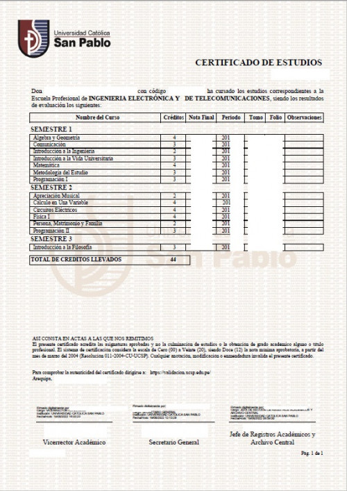 Certificado de Estudios Ingenieria Electronica y telecomunicaciones Universidad Catolica San Pablo Peru