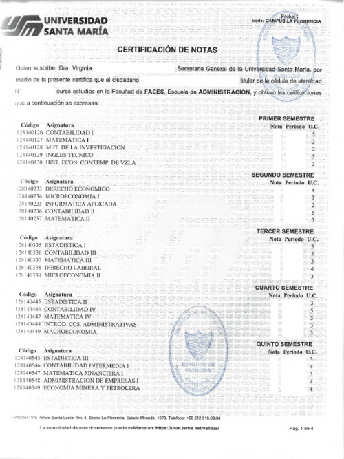 Certificación de Notas Universidad de Santa María Venezuela