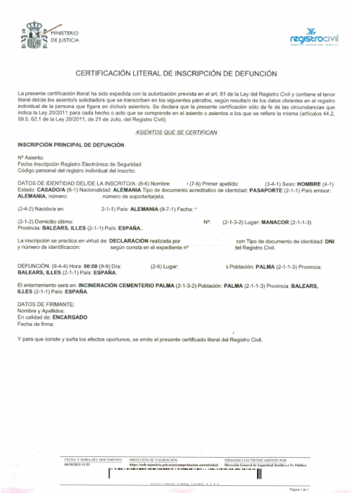 Certificación literal de Inscripción de defunción Spanien, digital