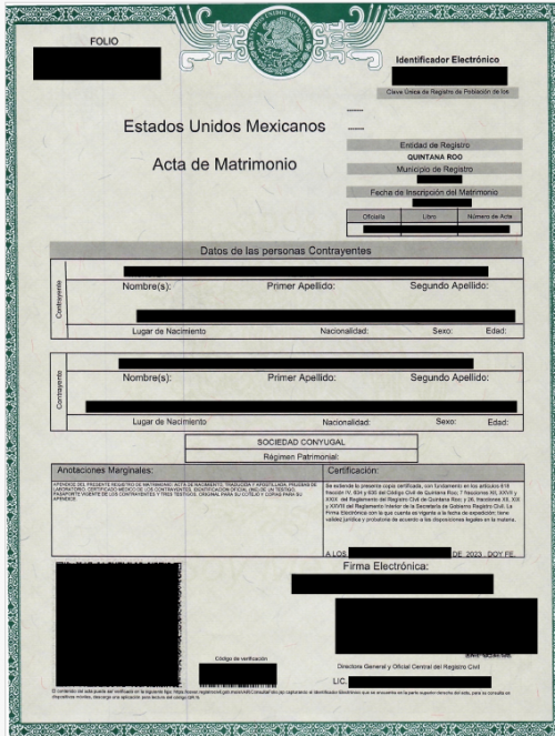 Acta de Matrimonio Mexiko DIGITAL (Quintana Roo u.a.) mit Apostille