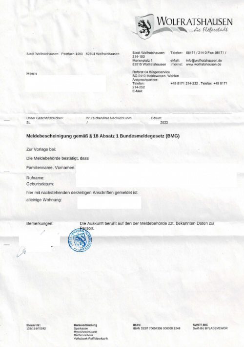 Meldebescheinigung Wolfratshausen
