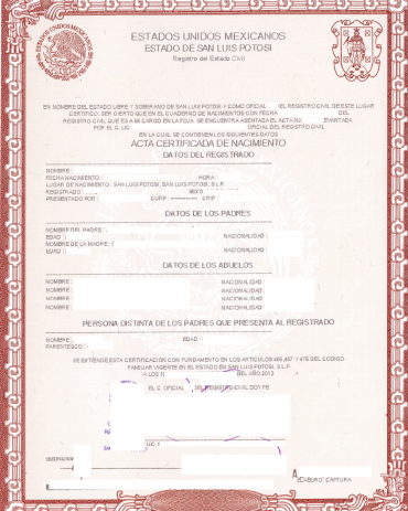 Geburtsurkunde San Luis Potosí