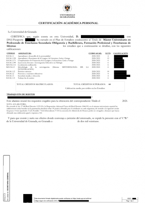 Certificación Académica Personal Universidad de Granada Master Profesorado