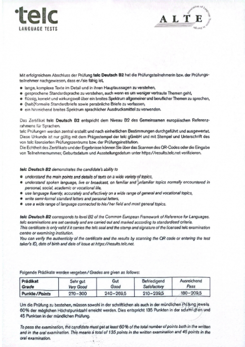 Zertifikat telc Deutsch B2