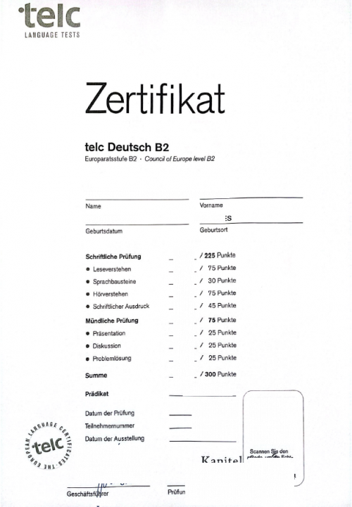 Zertifikat telc Deutsch B2